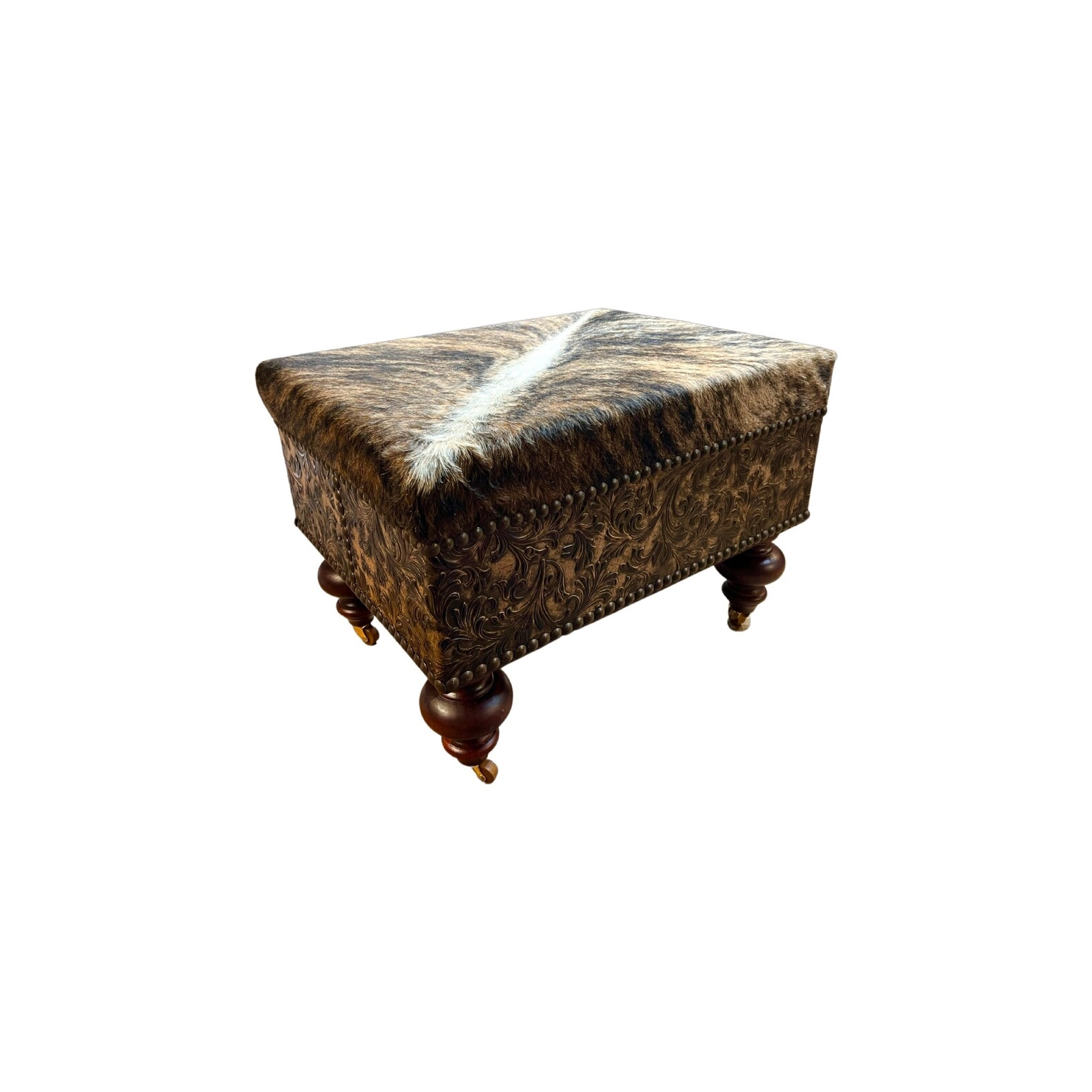 Western Leather Cowhide Ottoman with Casters